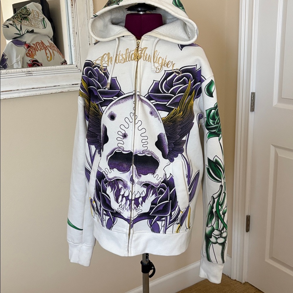 Large Christian Audigier Skull Hoodie white purple